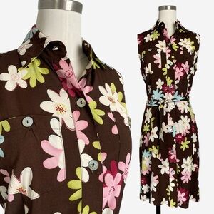 Vintage Mevisto brown floral button front collared shirt dress preppy retro S